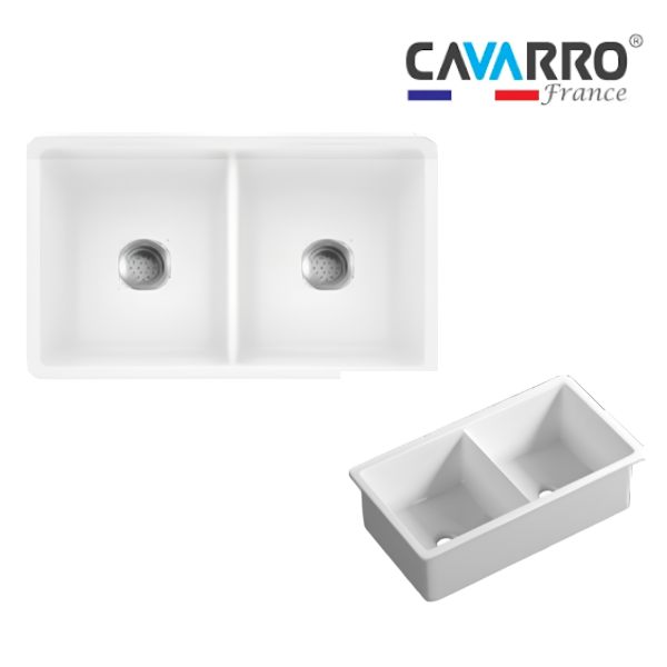 Cavarro Levanzo CL321910D 813 × 483mm White Fireclay Rectangular Double Bowl Kitchen Sink Flush Mount or Undermount Ideal for Family Kitchens and Utility Rooms