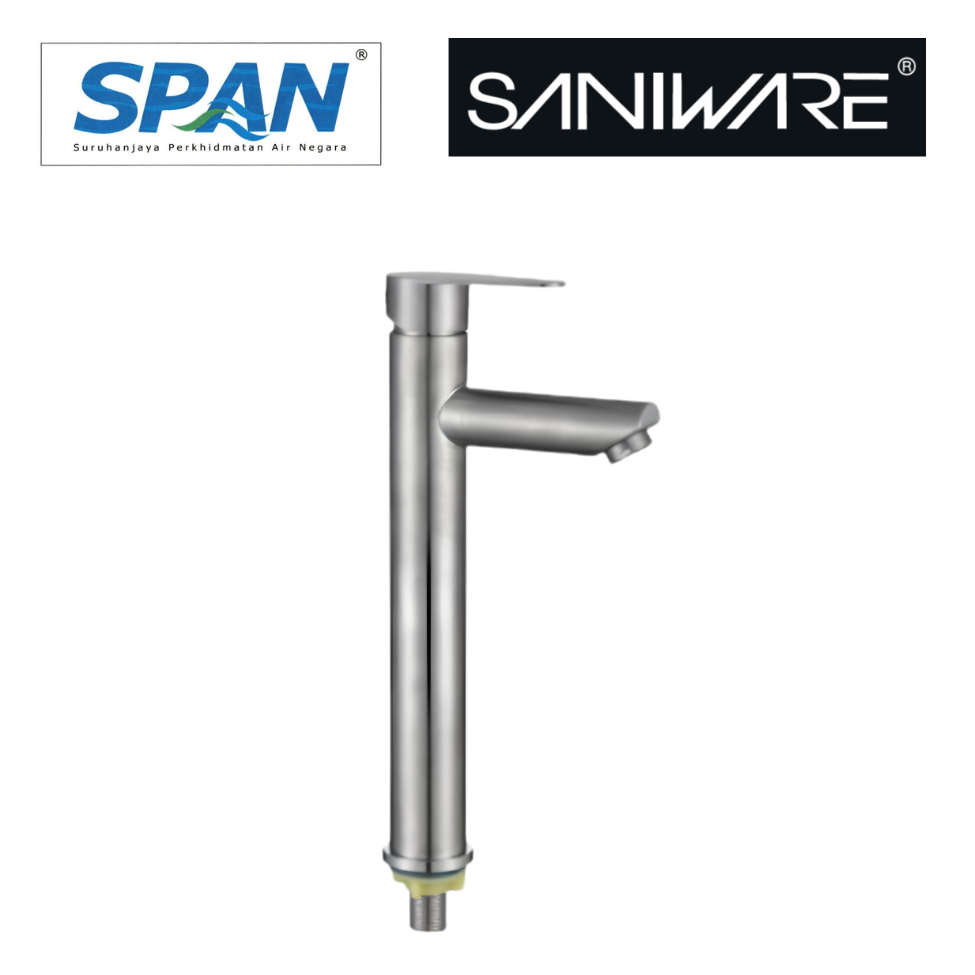 Saniware SWP-SS-304-59 304 Stainless Steel Tall Basin Pillar Tap Brushed Silver Suitable for High vessel basins, thick countertop basins, luxury bathroom setups