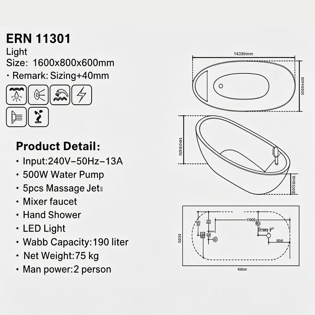 Eurano 11301 Luxury 2-Person Whirlpool Bathtub (1600×800×660mm) LED Hydrotherapy Massage Spa Tub with Air Jets & Digital Control