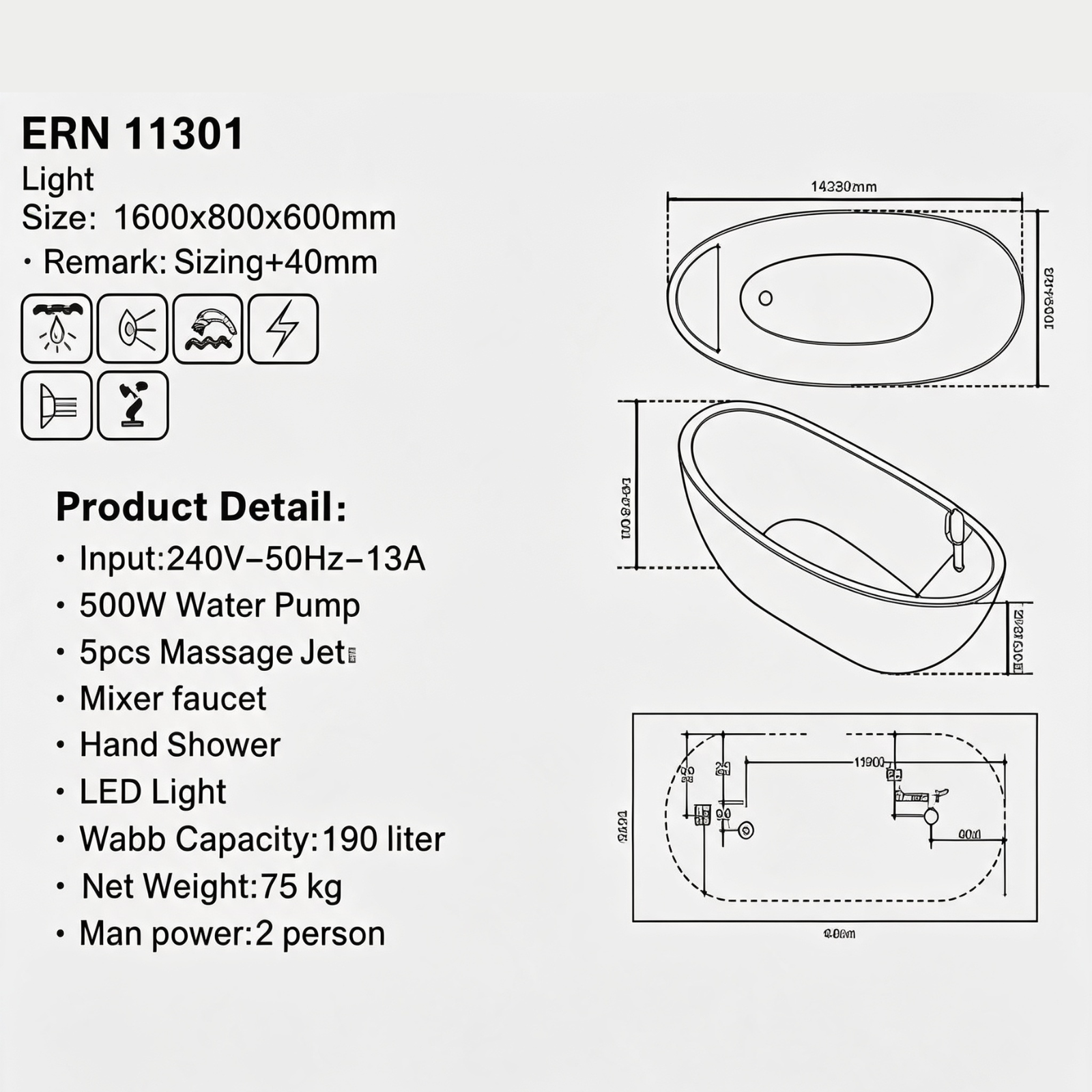 Eurano 11301 Luxury 2-Person Whirlpool Bathtub (1600×800×660mm) LED Hydrotherapy Massage Spa Tub with Air Jets & Digital Control