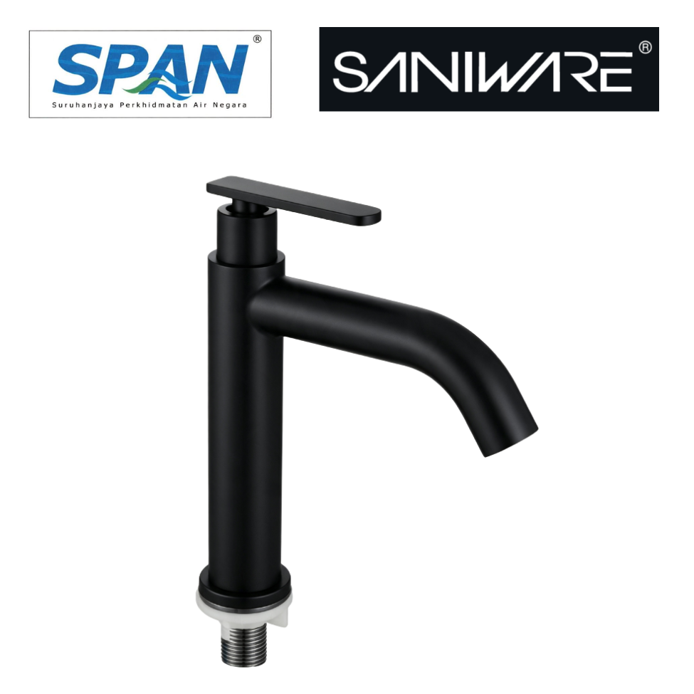 Saniware SWS-304-2861-B Matt Black 304 Stainless Steel Basin Pillar Tap Suitable for Modern bathroom basins, vanity sinks, minimalist style renovations, powder rooms & commercial wash areas