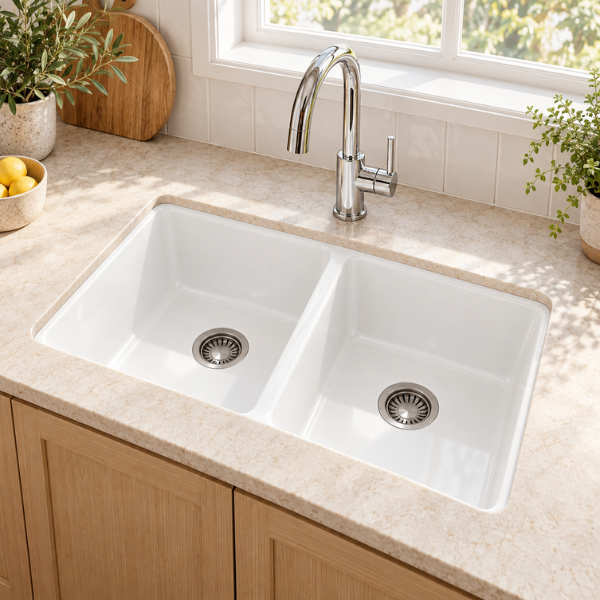 Cavarro Levanzo CL321910D 813 × 483mm White Fireclay Rectangular Double Bowl Kitchen Sink Flush Mount or Undermount Ideal for Family Kitchens and Utility Rooms