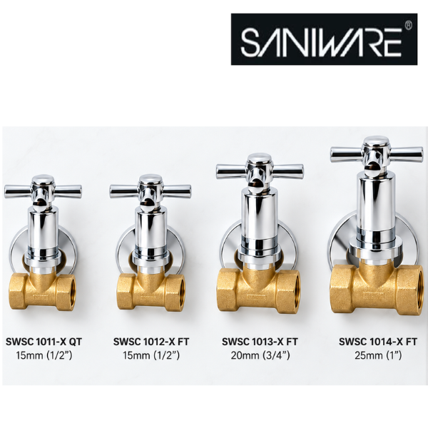Saniware Brass Stopcock Valve Wall Mounted Water Shut Off Valve 15mm 20mm 25mm (1/2" 3/4" 1") Chrome Handle Isolation Valve