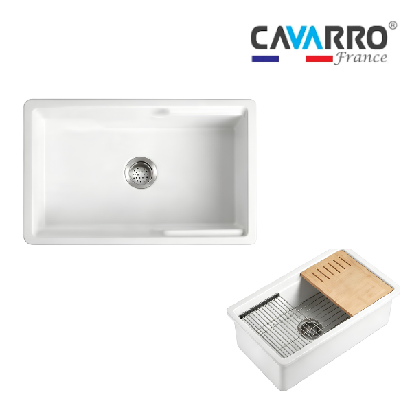 Cavarro Levanzo CL321910WS 813 × 483mm White Fireclay Rectangular Single Bowl Workstation Kitchen Sink Flush Mount or Undermount Ideal for Family Kitchens and Food Preparation