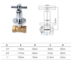 Saniware Brass Stopcock Valve Wall Mounted Water Shut Off Valve 15mm 20mm 25mm (1/2" 3/4" 1") Chrome Handle Isolation Valve