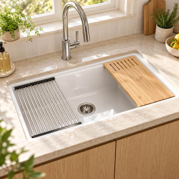 Cavarro Levanzo CL321910WS 813 × 483mm White Fireclay Rectangular Single Bowl Workstation Kitchen Sink Flush Mount or Undermount Ideal for Family Kitchens and Food Preparation