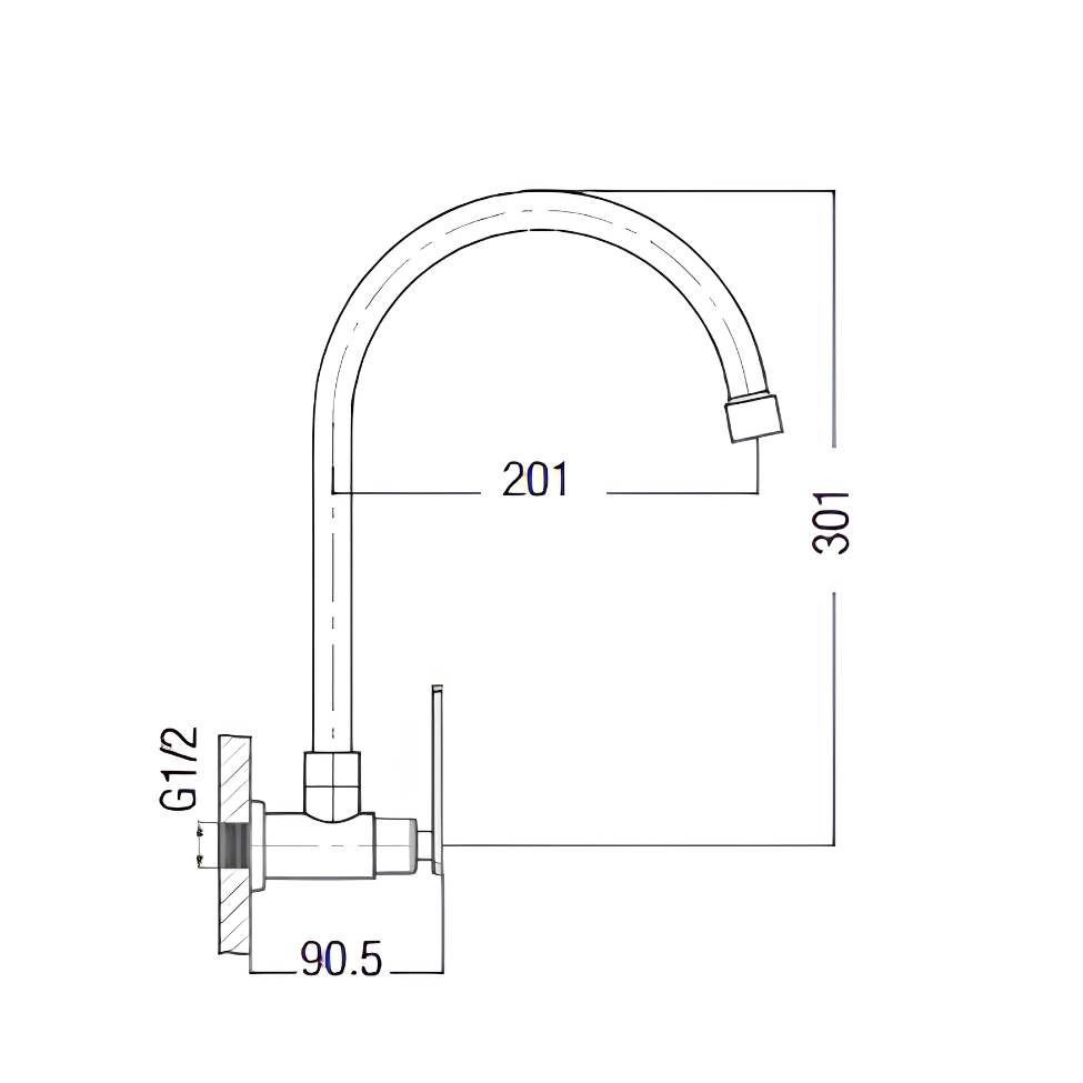 Saniware SWP-SS-304-64 304 Stainless Steel Kitchen Wall Sink Tap Brushed Silver Suitable for Standard kitchen sinks, wall-mounted sink setups, compact kitchens & utility areas