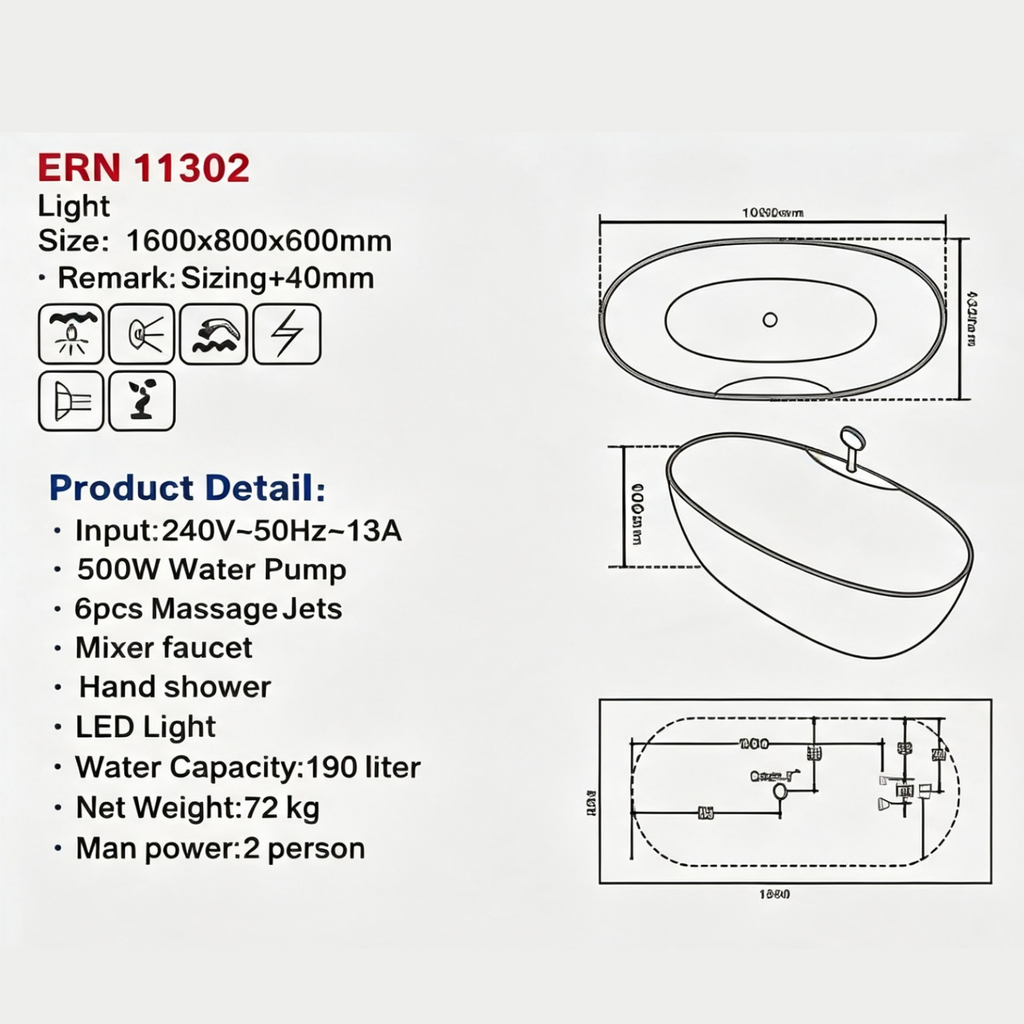 Eurano ERN 11302 Luxury 2-Person Whirlpool Bathtub (1600×800×660mm) LED Hydrotherapy Massage Spa Tub with Air Jets & Digital Control