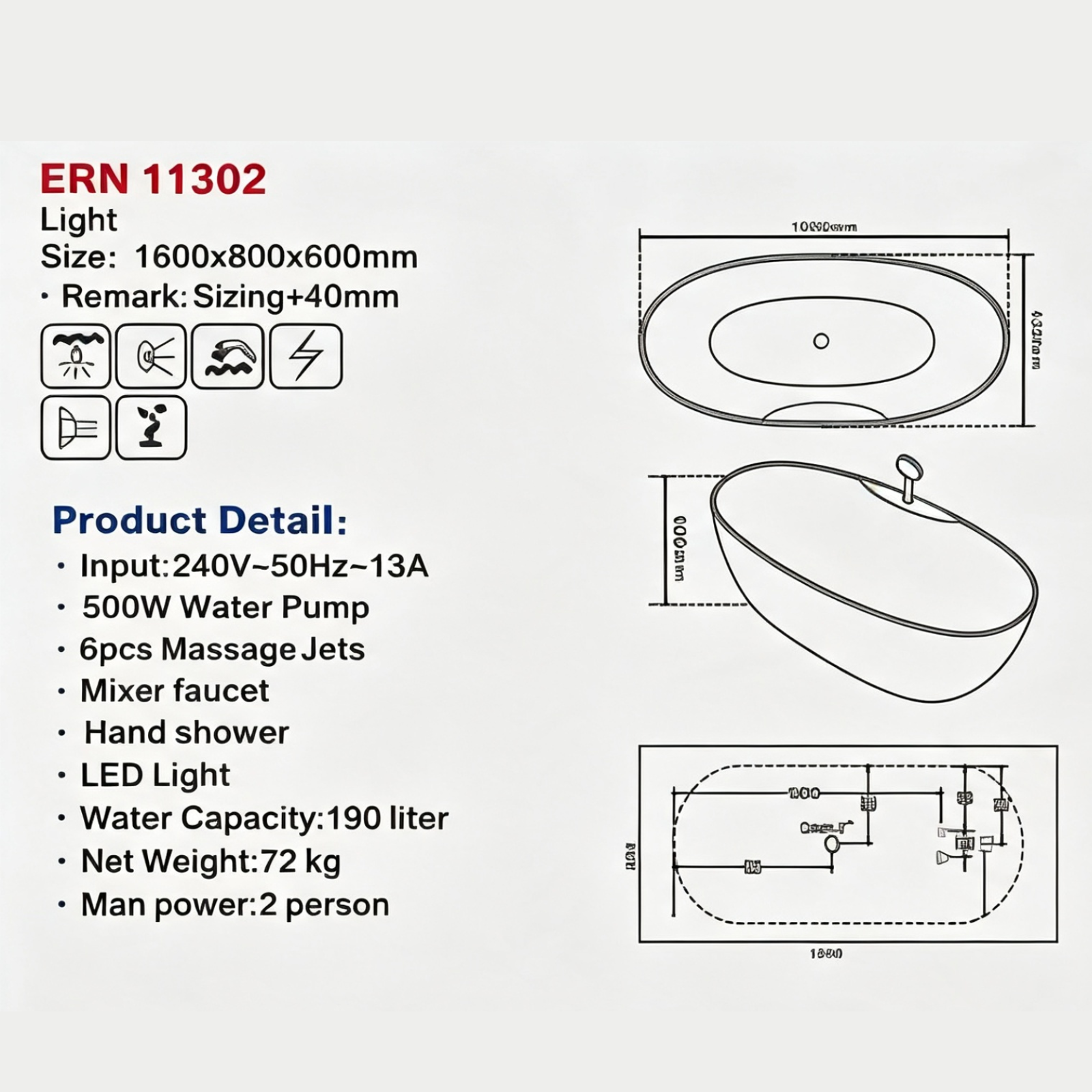 Eurano ERN 11302 Luxury 2-Person Whirlpool Bathtub (1600×800×660mm) LED Hydrotherapy Massage Spa Tub with Air Jets & Digital Control