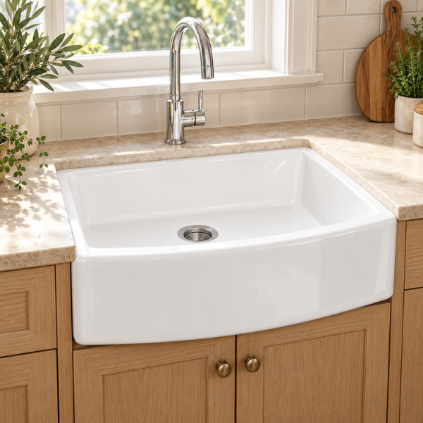 Cavarro Levanzo CF241910 605 × 480mm White Fireclay Curved Apron Front Single Bowl Kitchen Sink Flush Mount or Undermount Ideal for Farmhouse Kitchens and Utility Rooms