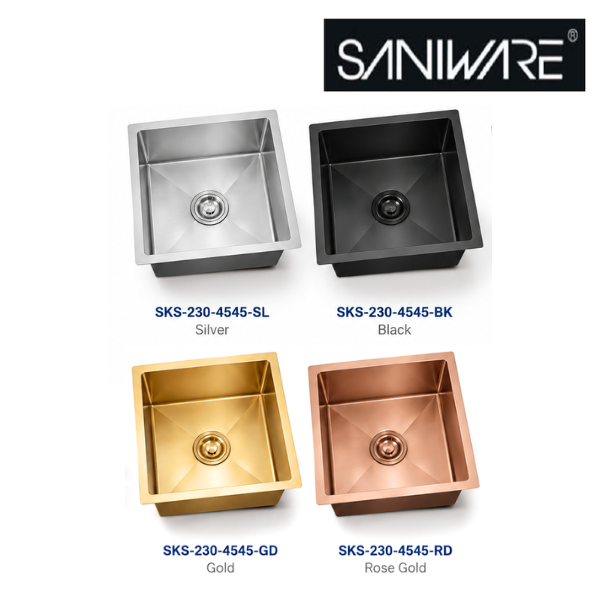 SKS Nano SUS304 Stainless Steel Single Bowl Kitchen Sink 450x450x230mm Handmade R10 Radius Anti-Scratch Sink – Silver / Black / Gold / Rose Gold