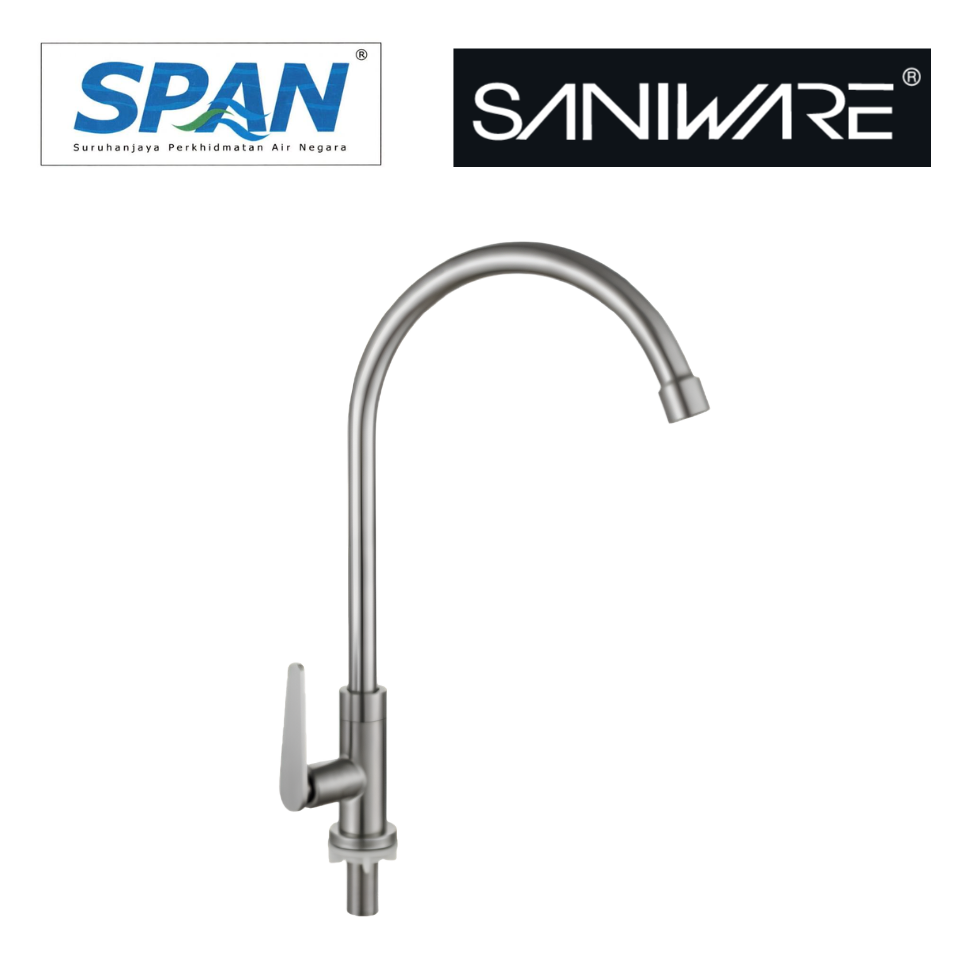Saniware SWP-SS-304-65 304 Stainless Steel Kitchen Pillar Sink Tap Brushed Silver Suitable for Standard kitchen sinks, countertop sinks, double-basin setups, residential & light commercial kitchens
