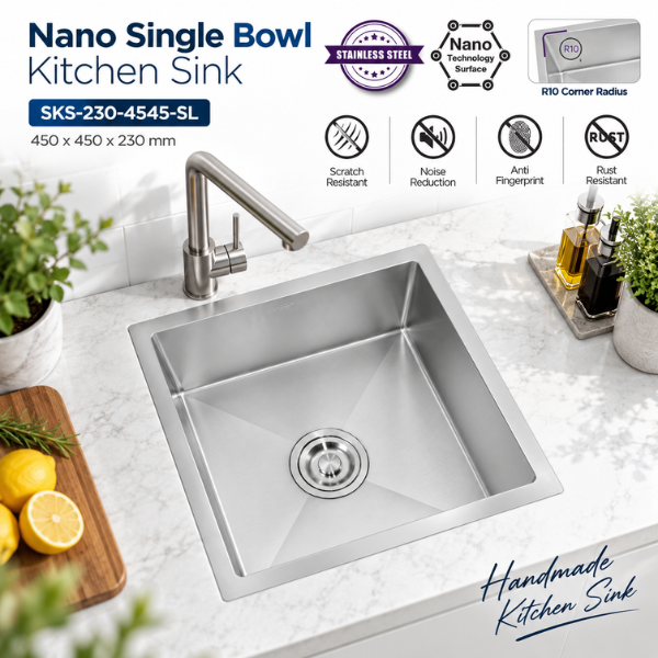 Saniware Nano SUS304 Stainless Steel Single Bowl Kitchen Sink 450x450x230mm Handmade R10 Radius Anti-Scratch Sink – Silver / Black / Gold / Rose Gold