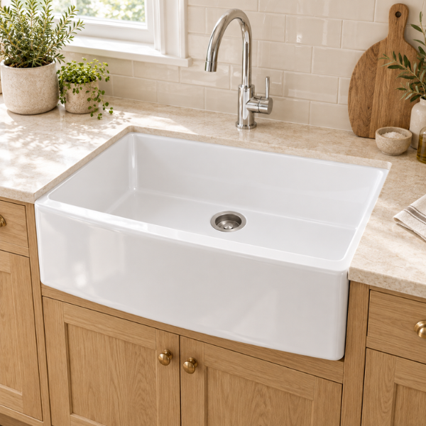 Cavarro Levanzo CF302010 756 × 527mm White Fireclay Apron Front Single Bowl Kitchen Sink Flush Mount or Undermount Ideal for Family and Farmhouse Kitchens