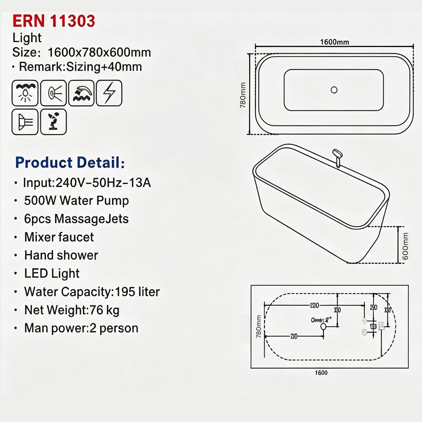 Eurano ERN 11303 Luxury 2-Person Whirlpool Bathtub (1600×780×600mm) LED Hydrotherapy Massage Spa Tub with Air Jets & Digital Control