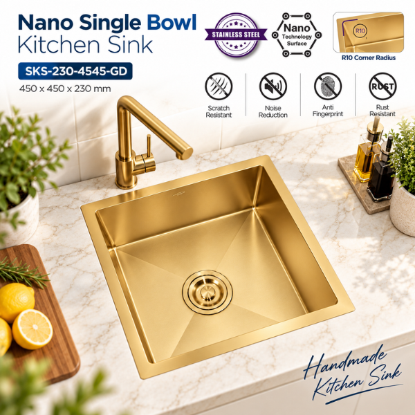 Saniware Nano SUS304 Stainless Steel Single Bowl Kitchen Sink 450x450x230mm Handmade R10 Radius Anti-Scratch Sink – Silver / Black / Gold / Rose Gold