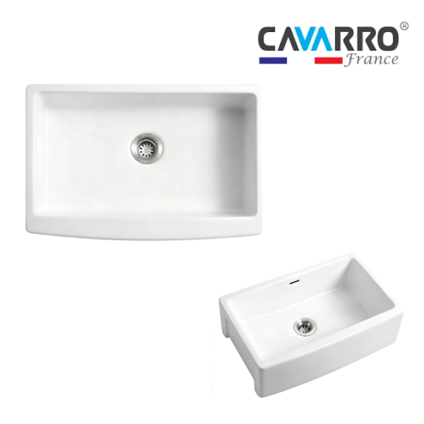 Cavarro Levanzo CF332010 826 × 527mm White Fireclay Curved Apron Front Single Bowl Kitchen Sink Flush Mount or Undermount Ideal for Family and Farmhouse Kitchens