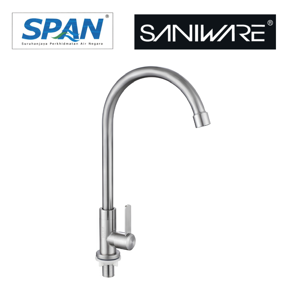 Saniware SWS-304-3965 304 Stainless Steel Kitchen Pillar Sink Tap Brushed Silver Suitable for Deep kitchen sinks, large single/double sinks, modern kitchen setups