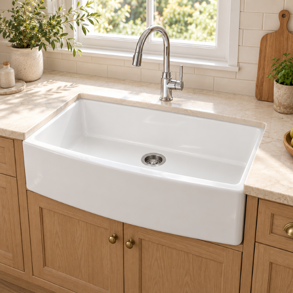 Cavarro Levanzo CF332010 826 × 527mm White Fireclay Curved Apron Front Single Bowl Kitchen Sink Flush Mount or Undermount Ideal for Family and Farmhouse Kitchens