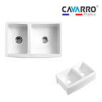 Cavarro Levanzo CF332110D 826 × 527mm White Fireclay Curved Apron Front Double Bowl Kitchen Sink Flush Mount or Undermount Ideal for Family and Farmhouse Kitchens
