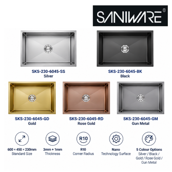 Saniware Nano Stainless Steel Single Bowl Kitchen Sink 600x450x230mm Handmade R10 Deep Bowl Sink – Silver / Black / Gold / Rose Gold / Gun Metal