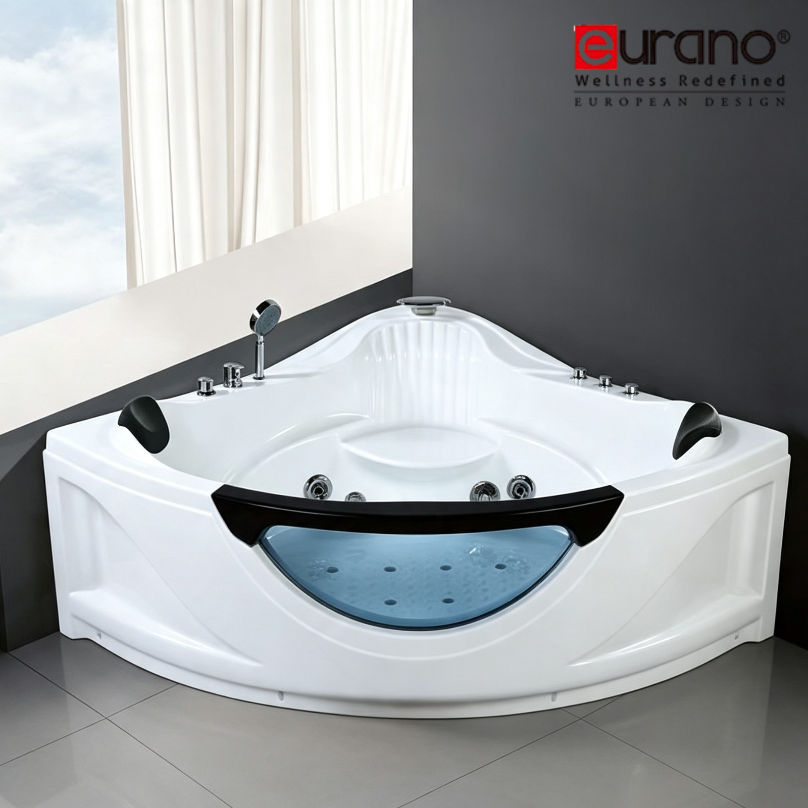 Eurano ERN 11304 Luxury 3-Person Corner Whirlpool Bathtub (1500×1500×650mm) LED Hydrotherapy Massage Spa Tub with Air Jets & Bubble System