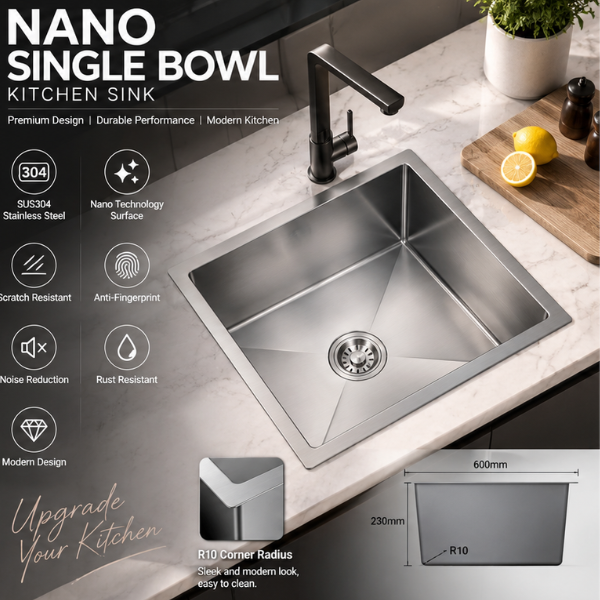 Saniware Nano Stainless Steel Single Bowl Kitchen Sink 600x450x230mm Handmade R10 Deep Bowl Sink – Silver / Black / Gold / Rose Gold / Gun Metal