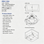 Eurano ERN 11304 Luxury 3-Person Corner Whirlpool Bathtub (1500×1500×650mm) LED Hydrotherapy Massage Spa Tub with Air Jets & Bubble System