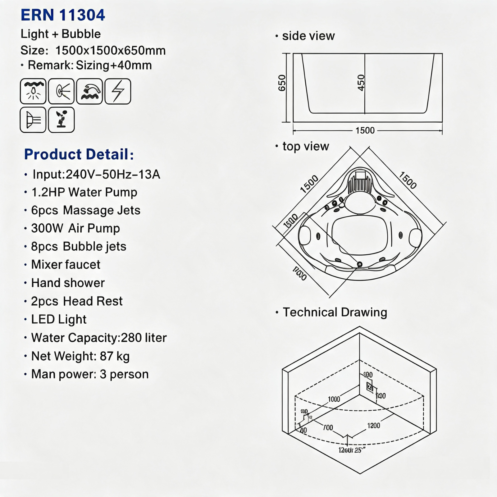 Eurano ERN 11304 Luxury 3-Person Corner Whirlpool Bathtub (1500×1500×650mm) LED Hydrotherapy Massage Spa Tub with Air Jets & Bubble System