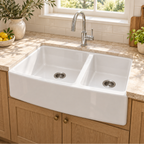 Cavarro Levanzo CF332110D 826 × 527mm White Fireclay Curved Apron Front Double Bowl Kitchen Sink Flush Mount or Undermount Ideal for Family and Farmhouse Kitchens