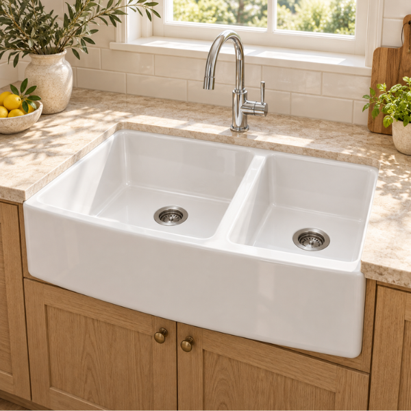 Cavarro Levanzo CF332110D 826 × 527mm White Fireclay Curved Apron Front Double Bowl Kitchen Sink Flush Mount or Undermount Ideal for Family and Farmhouse Kitchens