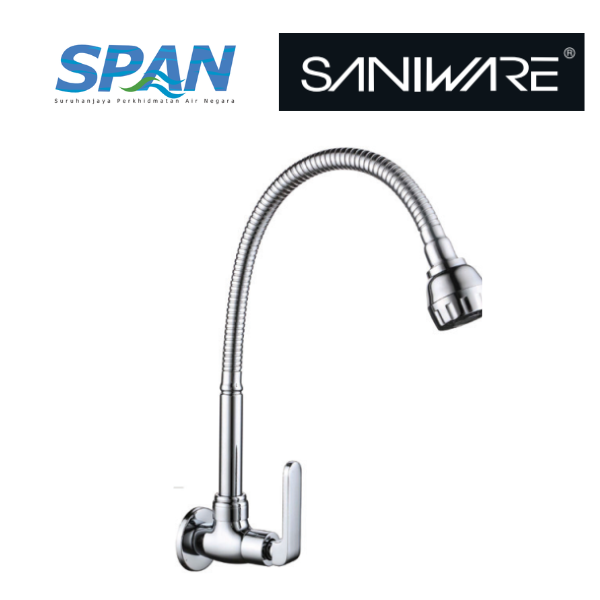 Saniware SWP-BR-3373 Chrome Flexible Hose Kitchen Wall Sink Tap Suitable for: Kitchen Sinks, Utility Sinks and Dishwashing Areas
