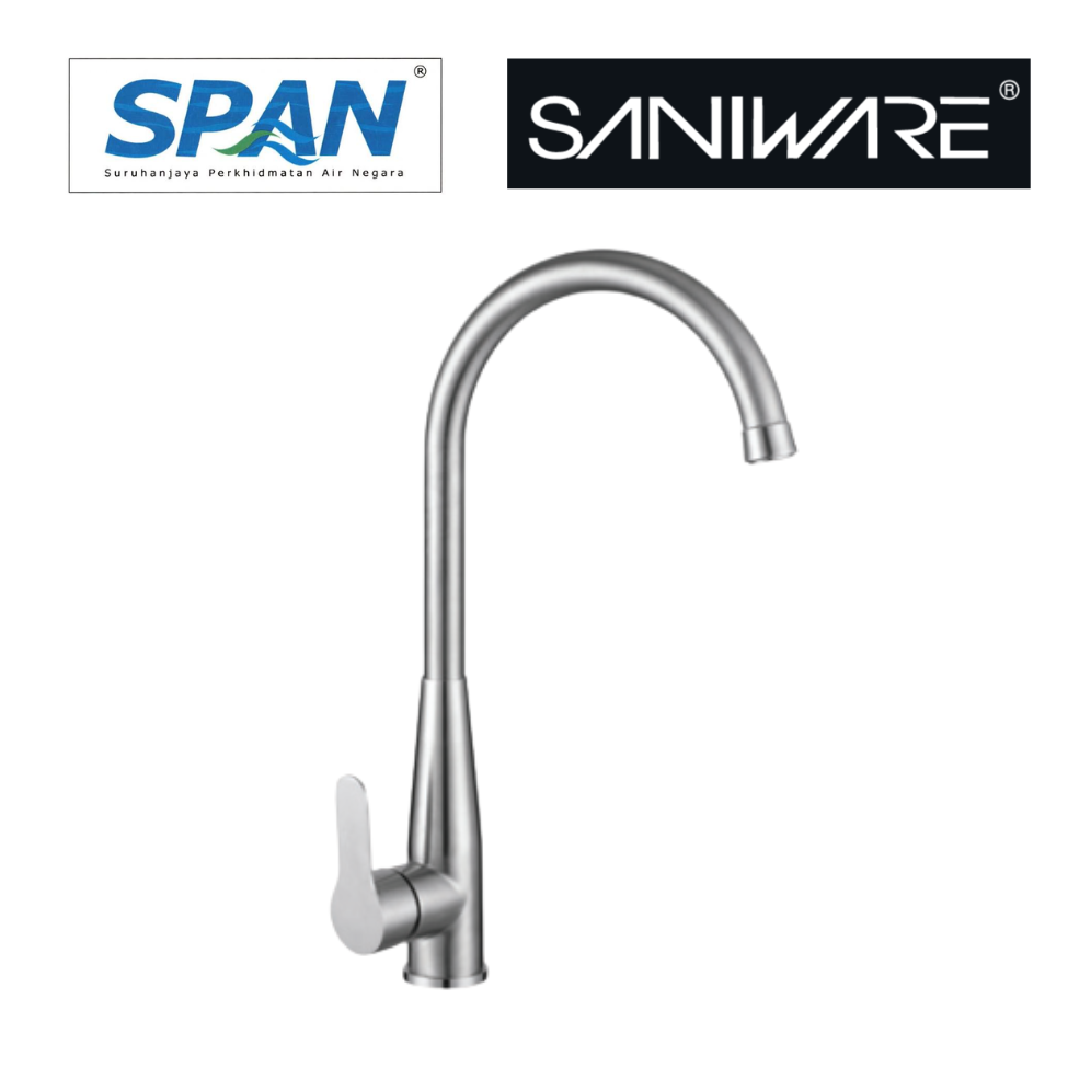Saniware SWP-SS-304-89 304 Stainless Steel Kitchen Pillar Sink Tap Brushed Silver Suitable for Large kitchen sinks, double-basin setups, premium residential & light commercial kitchens