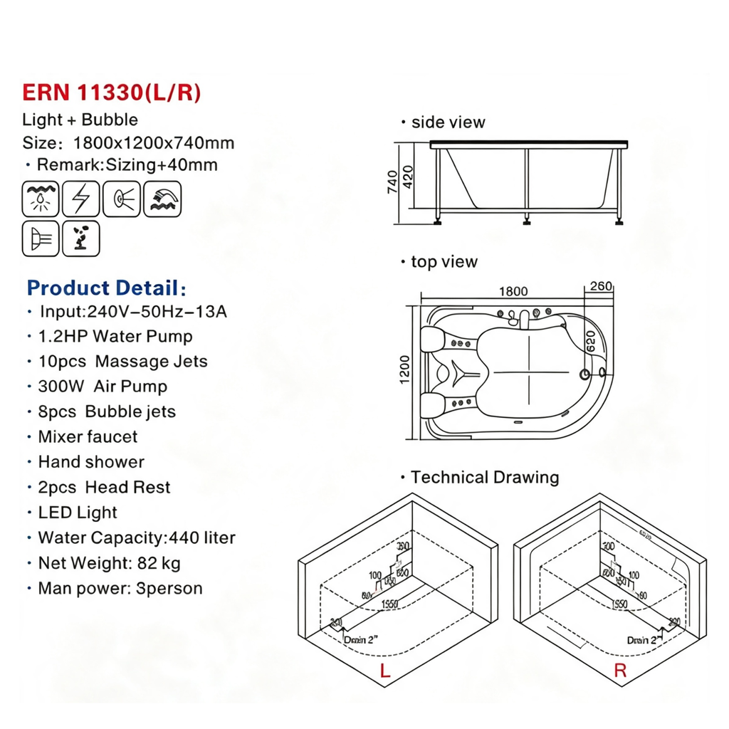 Eurano ERN 11330 L/R Luxury 3-Person Whirlpool Bathtub (1800×1200×740mm) ERN 11330(L/R) – LED Hydrotherapy Massage Spa Tub with Air Jets & Bubble System