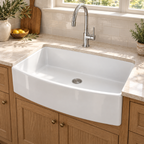 Cavarro Levanzo FG332010A 835 × 508mm White Fireclay Curved Apron Front Single Bowl Kitchen Sink Flush Mount or Undermount Ideal for Family and Farmhouse Kitchens