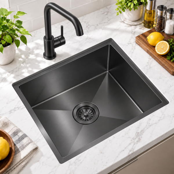 Saniware Nano Stainless Steel Single Bowl Kitchen Sink 600x450x230mm Handmade R10 Deep Bowl Sink – Silver / Black / Gold / Rose Gold / Gun Metal