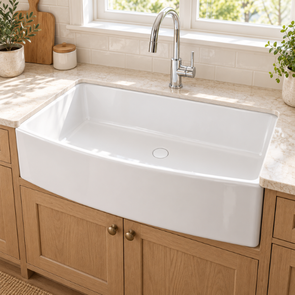 Cavarro Levanzo FG362010A 914 × 508mm White Fireclay Curved Apron Front Single Bowl Kitchen Sink Flush Mount or Undermount Ideal for Large Family and Farmhouse Kitchens