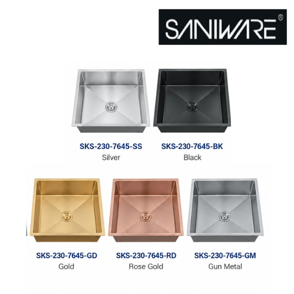 Saniware Nano Stainless Steel Single Bowl Kitchen Sink 760x450x230mm Handmade Deep Bowl Sink – Silver / Black / Gold / Rose Gold / Gun Metal