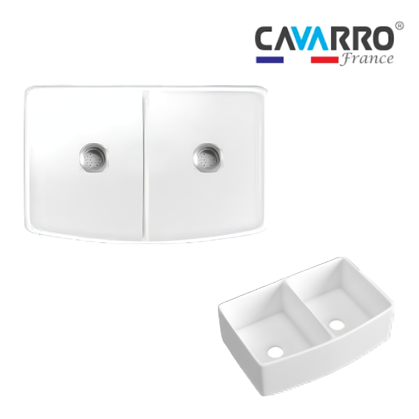 Cavarro Levanzo FG332010AD 835 × 508mm White Fireclay Curved Apron Front Double Bowl Kitchen Sink Flush Mount or Undermount Ideal for Family and Farmhouse Kitchens