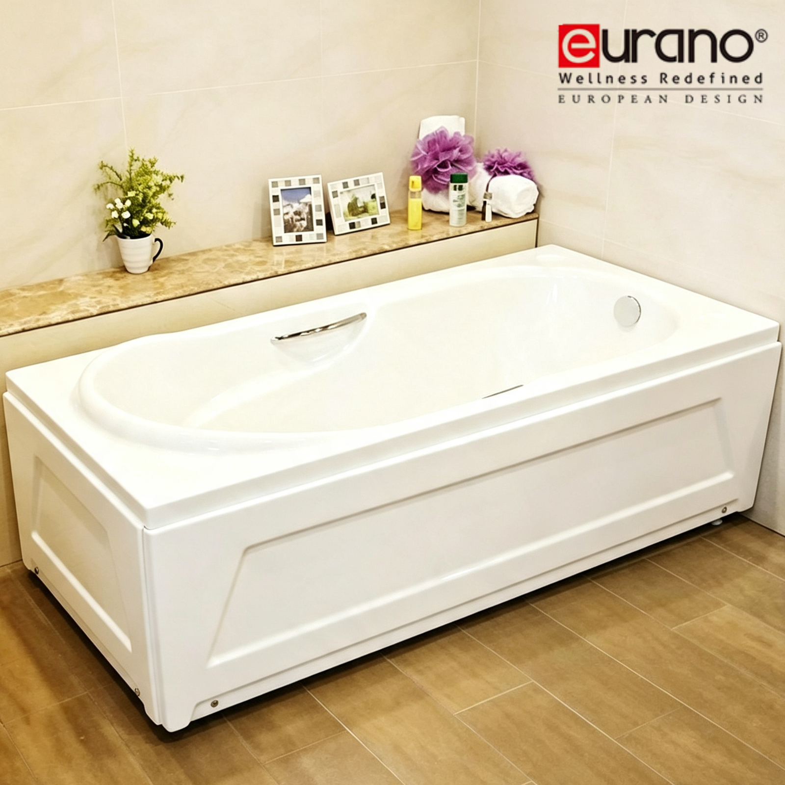 Eurano ERN 12500(L/R) 2-Person Built-In Bathtub (1500×800×580mm) Glossy White Acrylic Soaking Tub with Stainless Steel Handle & Pop-Up Waste