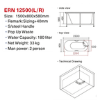 Eurano ERN 12500(L/R) 2-Person Built-In Bathtub (1500×800×580mm) Glossy White Acrylic Soaking Tub with Stainless Steel Handle & Pop-Up Waste
