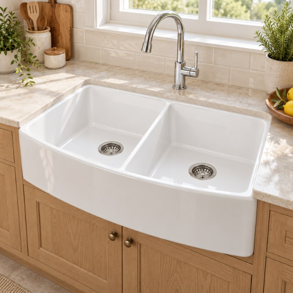 Cavarro Levanzo FG332010AD 835 × 508mm White Fireclay Curved Apron Front Double Bowl Kitchen Sink Flush Mount or Undermount Ideal for Family and Farmhouse Kitchens