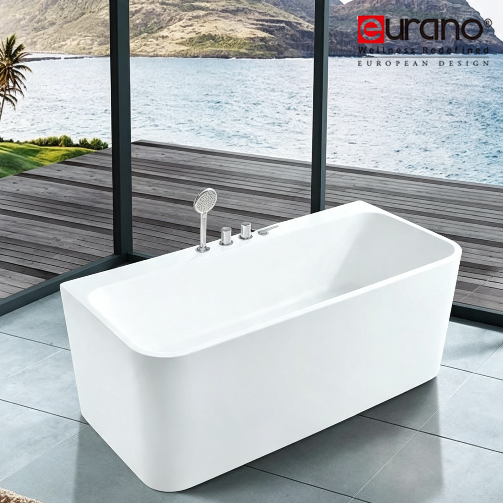 Eurano ERN 12016 Luxury 2-Person Freestanding Bathtub (1500×750×580mm) Glossy White Acrylic Soaking Tub with Hand Shower, Bath Spout, and Mixer Faucet