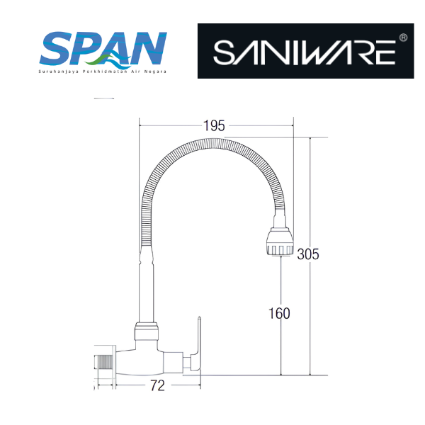 Saniware SWP-BR-3373 Chrome Flexible Hose Kitchen Wall Sink Tap Suitable for: Kitchen Sinks, Utility Sinks and Dishwashing Areas