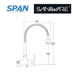 Saniware SWP-BR-3373 Chrome Flexible Hose Kitchen Wall Sink Tap Suitable for: Kitchen Sinks, Utility Sinks and Dishwashing Areas