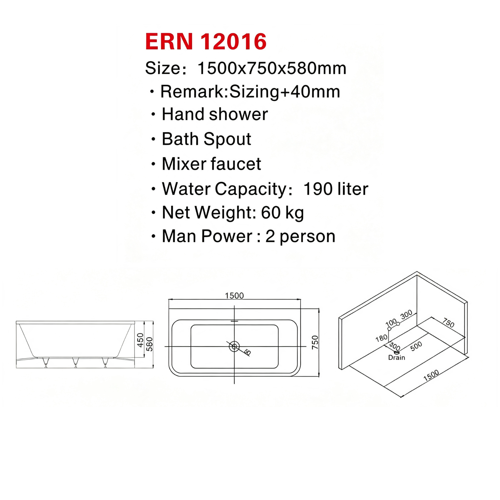Eurano ERN 12016 Luxury 2-Person Freestanding Bathtub (1500×750×580mm) Glossy White Acrylic Soaking Tub with Hand Shower, Bath Spout, and Mixer Faucet
