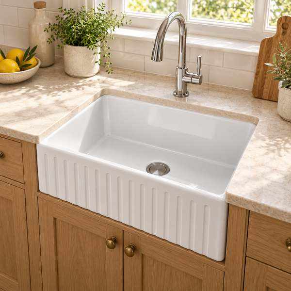 Cavarro Levanzo CF221710 558 × 430mm White Fireclay Reversible Apron Front Single Bowl Kitchen Sink Flush Mount or Undermount Ideal for Compact and Farmhouse Kitchens