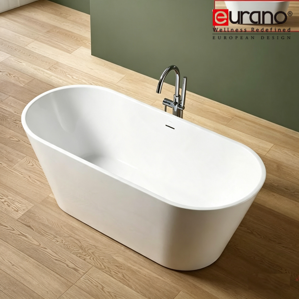 Eurano ERN-12015 Luxury 2-Person Freestanding Bathtub (1500×740×570mm) Glossy White Acrylic Soaking Tub