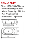Eurano ERN 12017 Luxury 2-Person Freestanding Bathtub (1700×740×570mm) Glossy White Acrylic Soaking Tub
