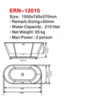 Eurano ERN-12015 Luxury 2-Person Freestanding Bathtub (1500×740×570mm) Glossy White Acrylic Soaking Tub